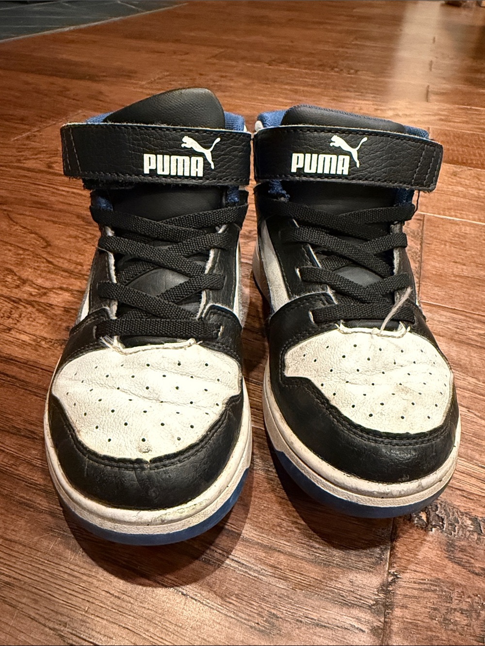 Puma Kids Black and White High-Top Sneakers with Blue Accents